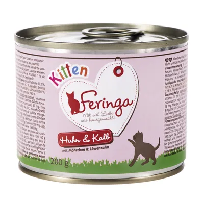 Konzerva Feringa Kitten Huhn & Kalb mit Möhrchen & Löwenzahn, 200 g. Text: Mit viel Liebe wie hausgemacht! Ilustrace kočky na růžovém pozadí.