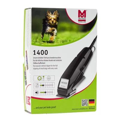 Tondeuse Moser 1400 pour animaux, emballage avec photo d’un petit chien, texte en allemand et anglais, échelle d’évaluation à 3 critères, mention « made in Germany » et drapeau allemand visibles.