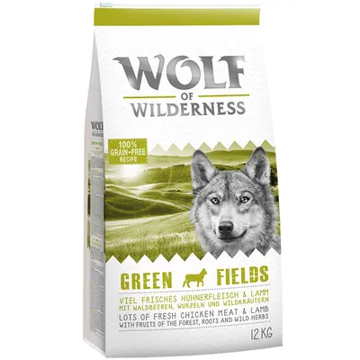 Wolf of Wilderness Green Fields, 12 kg. 100% bezobilninová receptúra s čerstvým kuracím mäsom a jahňacinou, lesné plody, korene a divoké bylinky.