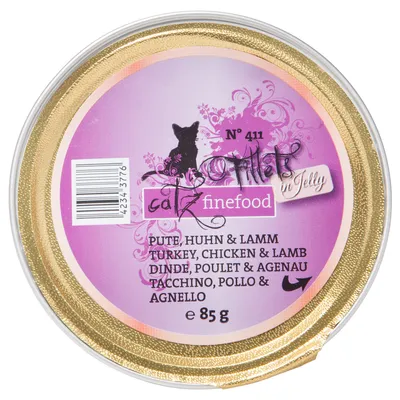 catz finefood Fillets in Jelly N°411, пуешко, пилешко и агнешко, 85 г. Видими текстове на английски, немски, френски и италиански език.
