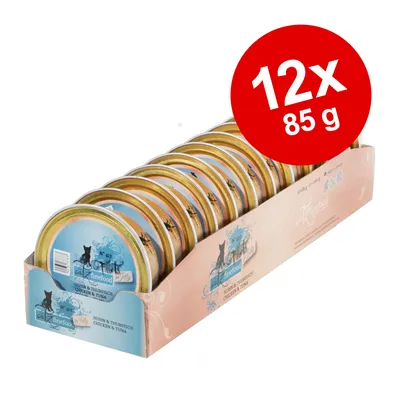 12-pack à 85 g catz finefood kattmat, kyckling & tonfisk. Synliga burkar i förpackning med blå etikett och texten 'chicken & tuna'.
