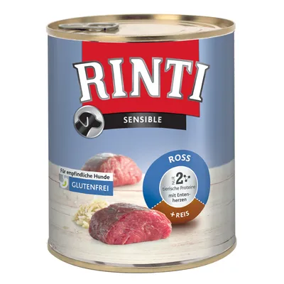 Lata de comida para perros Rinti Sensible Ross + Reis. Texto visible: Für empfindliche Hunde, glutenfrei, nur 2 tierische Proteine mit Entenherzen.