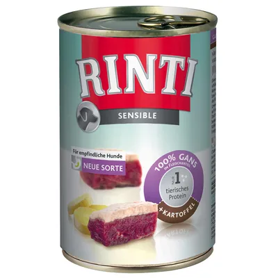 Konzerva Rinti Sensible, text: Für empfindliche Hunde, Neue Sorte, 100% Gans im Fleischanteil, nur 1 tierisches Protein, +Kartoffel. Zobrazeny kousky masa a brambor.