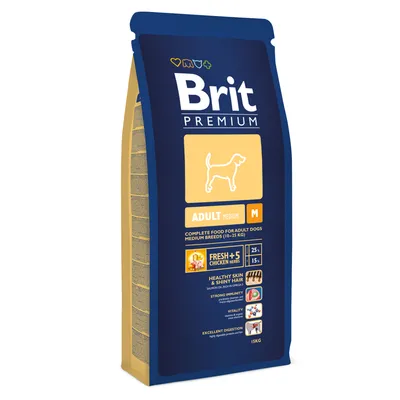 Brit Premium Adult Medium M hondenvoer, complete voeding voor volwassen honden middelgrote rassen (10–25 kg), 15 kg zak. Tekst: Fresh+5 Chicken Herbs, gezonde huid en vacht.