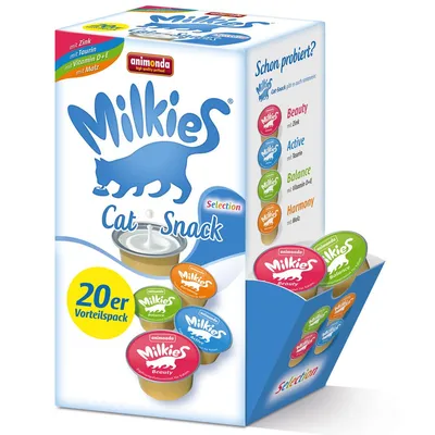 Animonda Milkies Cat Snack Selection 20er Vorteilspack. Varianten: Beauty met zink, Active met taurine, Balance met vitamine D+E, Harmony met mout. Cupjes zichtbaar op verpakking.