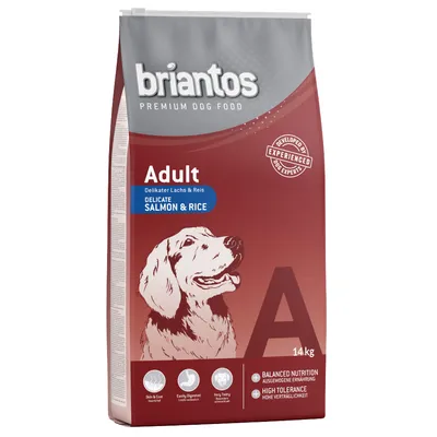 Briantos Premium Dog Food Adult, delicate salmon & rice, 14 kg. Ontwikkeld door ervaren experts. Balanced nutrition, high tolerance, makkelijk verteerbaar. Voor huid & vacht.