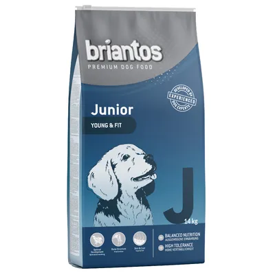 briantos Premium Dog Food Junior Young & Fit, 14 kg. Pictogrammen: optimale ontwikkeling, botstructuur, huid & vacht. Tekst: balanced nutrition, high tolerance. Engels en Duits zichtbaar.