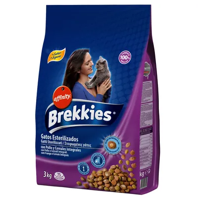 Saco de 3 kg de Affinity Brekkies Gatos Esterilizados con pollo y cereales integrales. Indica 75 raciones, 100 % completo y equilibrado. Imagen de croquetas y gato en brazos.