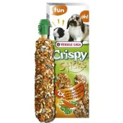 VERSELE-LAGA Crispy Sticks, förpackning med två fröstänger. Bild på kanin och marsvin samt texten 'fun' och 'oh!'.