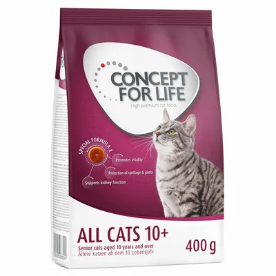 Concept for Life All Cats 10+, суха храна за възрастни котки над 10 години, 400 г, със специална формула за подпомагане на жизнеността, ставите и бъбречната функция.