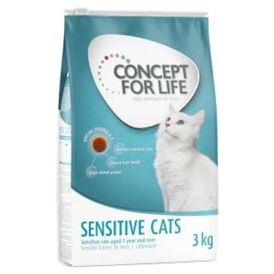 Saco de pienso Concept for Life Sensitive Cats para gatos adultos, 3 kg. Texto visible: 'Sensitive cats aged 1 year and over'. Imagen de un gato blanco en el envase.