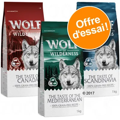 Wolf of Wilderness croquettes 1 kg, The Taste of Canada, Mediterranean et Scandinavia, offre d’essai visible sur l’emballage, recette sans céréales indiquée.