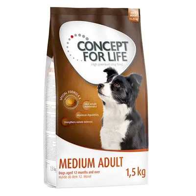 Sacchetto di Concept for Life Medium Adult 1,5 kg, cibo per cani adulti di taglia media. Testo visibile: 'Special Formula', 'ideal weight maintenance', 'maximum digestibility'.