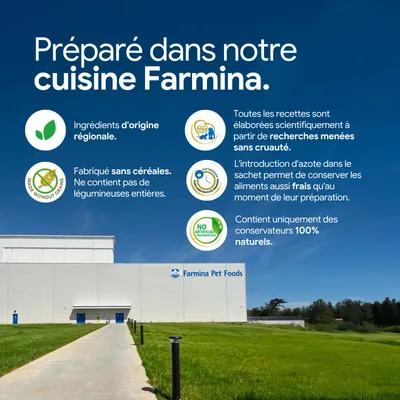 Farmina Pet Foods : ingrédients d'origine régionale, sans céréales, développés scientifiquement, sans conservateurs artificiels, uniquement une conservation 100 % naturelle.