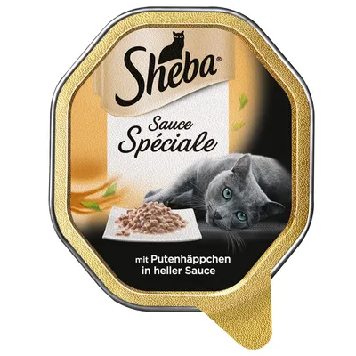 Sheba Sauce Spéciale kattenvoer, mit Putenhäppchen in heller Sauce. Afbeelding van grijze kat en een bordje met stukjes vlees in saus op de verpakking.