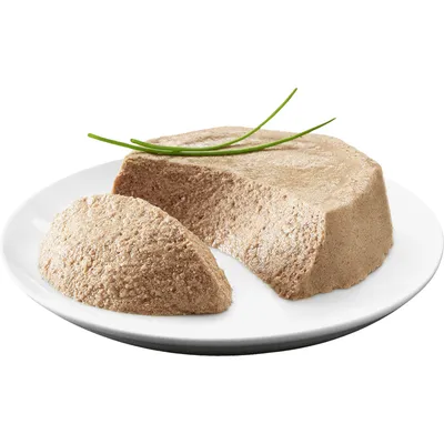 Portie natvoerpaté op een wit bord, met een uitgeschepte lepel en twee groene stengels als garnering. Geen merknaam of verpakking zichtbaar.