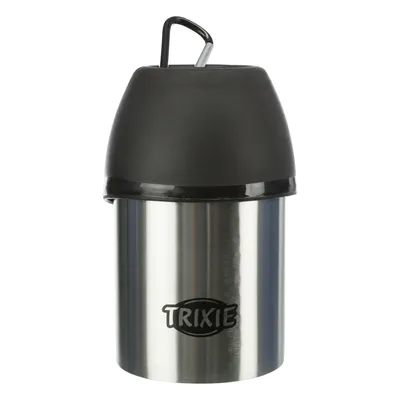 Trixie stainless steel container with black lid and carrying handle, suitable for storing pet food or water.