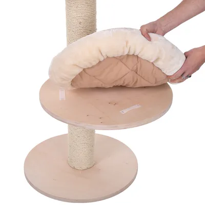 Instructions for attaching a padded cushion to a wooden platform of a scratching post. Cushion is secured with hook-and-loop fasteners.