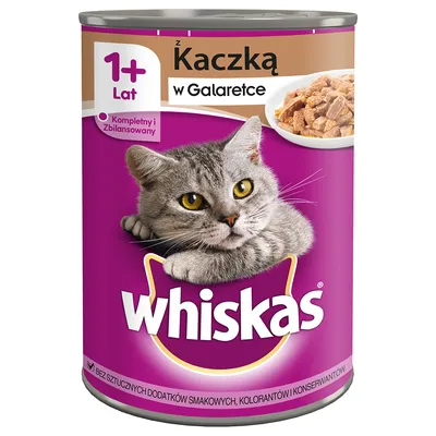Whiskas z kaczką w galaretce, dla kotów 1+ lat. Kompletna i zbilansowana karma, bez sztucznych dodatków smakowych, barwników i konserwantów. Opakowanie z wizerunkiem kota.