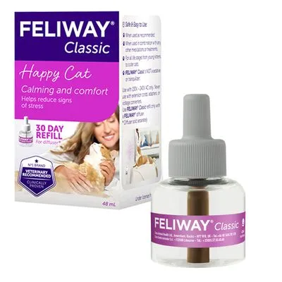 FELIWAY Classic recarga 30 dias para difusor, embalagem com texto: Happy Cat, Calming and comfort, Helps reduce signs of stress, recomendado por veterinários, 48 ml.