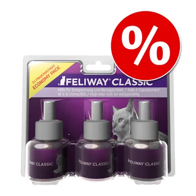Feliway Classic Economy Pack, 3+1 zdarma. Pomoc pro uvolnění a pohodu. Viditelný červený procentní symbol pro slevovou akci.
