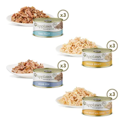 Applaws Natural Cat Food -kissanruokaa: 3 x Tuna Fillet, 3 x Ocean Fish, 3 x Chicken Breast, 3 x Chicken Breast with Cheese, purkit 70 g. Näkyvissä myös annokset lautasilla.