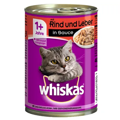 Conservă Whiskas cu vită și ficat în sos, pentru pisici 1+ ani. Text vizibil: „mit Rind und Leber in Sauce”, „1+ Jahre”, „100% komplett & ausgewogen”.