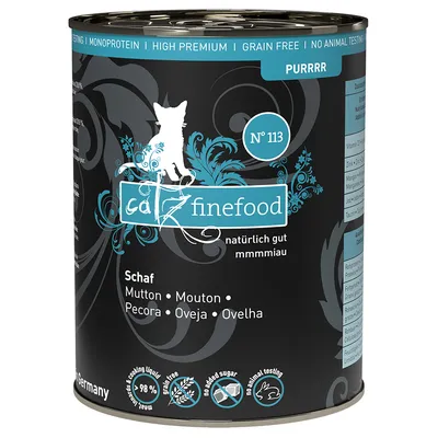 Catz Finefood κονσέρβα Νο. 113, πρόβειο, μονοπρωτεϊνικό, υψηλής ποιότητας, χωρίς δημητριακά, χωρίς προσθήκη ζάχαρης, χωρίς δοκιμές σε ζώα, 98% κρέας, παρασκευάζεται στη Γερμανία.