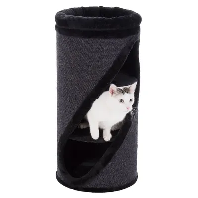 Котка в черна цилиндрична котешка катерушка с два отвора и меки ръбове, изработена от текстил.