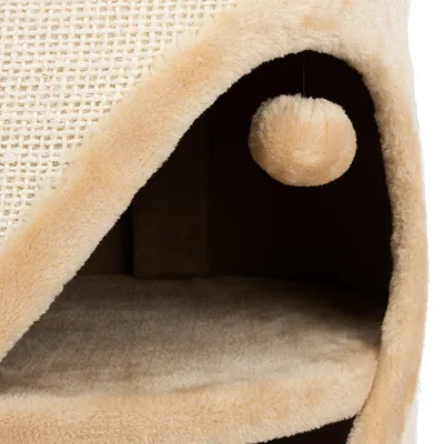 Beige Katzenhöhle mit Plüschbezug und hängendem Spielball, geeignet für Ruhe und Spiel.