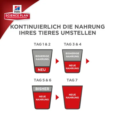 Schéma de transition alimentaire Hill’s Science Plan, texte en allemand : étapes sur 7 jours avec proportions de « Bisherige Nahrung » et « Neue Nahrung » dans des bols.