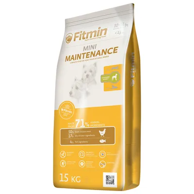 Fitmin Mini Maintenance, krmivo pro psy malých plemen, 15 kg. Obsahuje 71 % živočišných složek: 50 % čerstvé kuřecí maso, 17 % sušené kuřecí složky, 4 % rybí složky.
