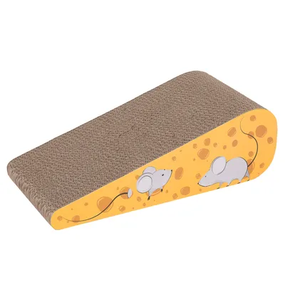 Placă de zgâriat din carton în formă de pană, cu design galben, motiv cu șoareci și brânză pe lateral.