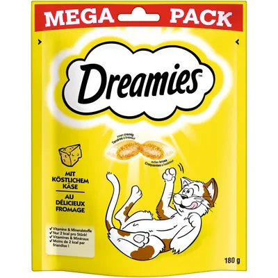 Dreamies Mega Pack cu brânză delicioasă, crocant la exterior și cremos la interior. Vitamine și minerale, sub 2 kcal pe bucată. Conținut: 180 g.