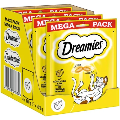 Dreamies Mega Pack cu brânză delicioasă, 4 x 180 g = 720 g. Ambalajul prezintă o pisică jucăușă și gustări cu brânză.