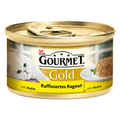 Консерва Gourmet Gold Raffiniertes Ragout mit Huhn, изображение белой кошки и блюда с рагу на упаковке. Видна надпись на немецком языке.