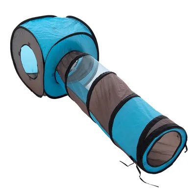 Spielzeug-Tunnel aus blauem und braunem Stoff mit Netzabschnitten, bestehend aus einem Würfel und einem langen Tunnel.