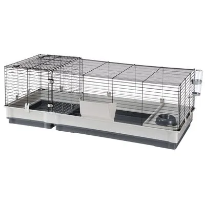 Gaiola retangular com base em plástico cinzento, grades metálicas pretas, bebedouro transparente, comedouro e divisória central visíveis.