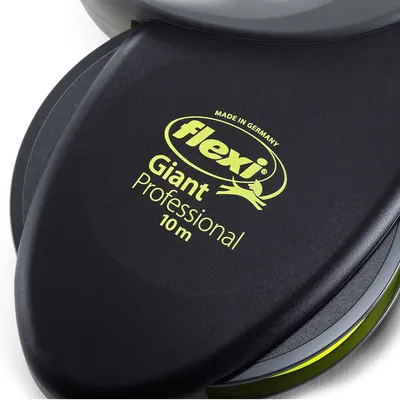 Smycz Flexi Giant Professional 10 m, napis: Made in Germany, czarna obudowa z żółtym nadrukiem marki i modelu.