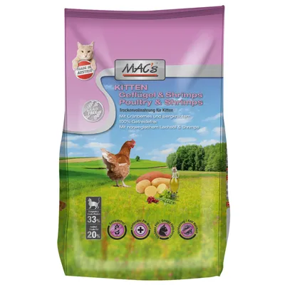MAC's Kitten Poultry & Shrimps, alimento secco per gattini. Testo visibile: Made in Austria, Grain Free, 33% proteine grezze, 20% grassi grezzi, senza cereali, pH bilanciato, Omega 3/6.