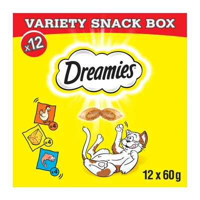 Dreamies Variety Snack Box, 12 x 60g. Contém 4x frango, 4x queijo, 4x salmão. Embalagem mostra um gato a brincar e snacks recheados.