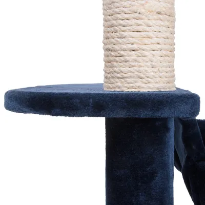 Krabpaal met sisal touw en donkerblauwe pluche bekleding, detail van plateau en paal zichtbaar.