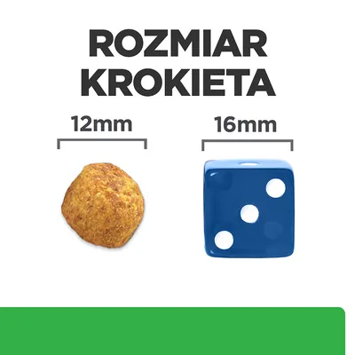 Rozmiar krokieta: kulka o średnicy 12 mm obok niebieskiej kostki do gry o boku 16 mm. Porównanie wielkości dla lepszego zobrazowania produktu.