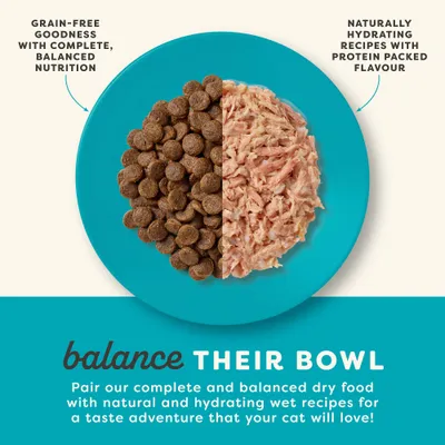 Plate with dry food and wet food, Text: Grain-free goodness with complete, balanced nutrition. Naturally hydrating recipes with protein-packed flavour. Plate with dry food and wet food, Text: Grain-free goodness with complete, balanced nutrition. Naturally hydrating recipes with protein-packed flavour.