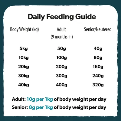 Daily feeding guide showing recommended grams per day by body weight for adult and senior or neutered pets. Includes 10g per kg for adults, 8g per kg for seniors.