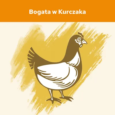 Tekst: Bogata w Kurczaka, ilustracja kury na żółtym tle. Informacja o zawartości kurczaka w produkcie.