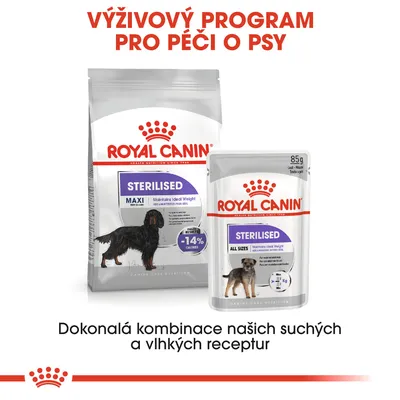ROYAL CANIN STERILISED MAXI a ALL SIZES, suché a vlhké krmivo pro psy, -14 % kalorií, 85 g. Výživový program pro péči o psy. Dokonalá kombinace suchých a vlhkých receptur.