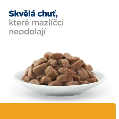 Miska s kúskami krmiva v omáčke. Text v češtine: Skvělá chuť, které mazlíčci neodolají.