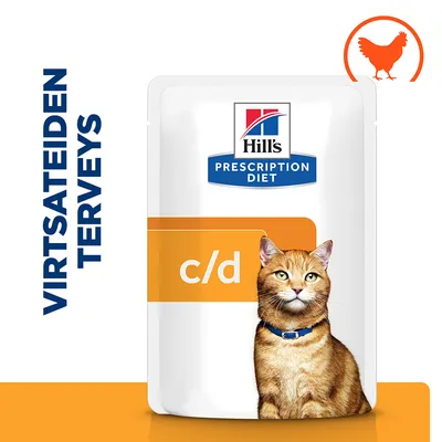 Hill's Prescription Diet c/d -kissanruokapakkaus, teksti 'Virtsateiden terveys', oranssi kanan siluetti yläkulmassa