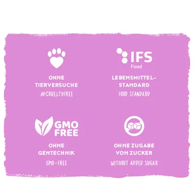 Ohne Tierversuche #crueltyfree, IFS Food Lebensmittel-Standard, GMO free ohne Gentechnik, ohne Zugabe von Zucker without added sugar. Ohne Tierversuche #crueltyfree, IFS Food Lebensmittel-Standard, GMO free ohne Gentechnik, ohne Zugabe von Zucker without added sugar.